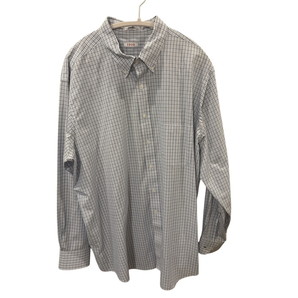 IZOD Mens Big 18.5 34/35 Blue White Plaid Regular Button Down Shirt Long Sleeve